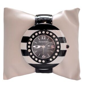 Narmi Cuff Bracelet Black‎ and White Striped Watch with Crystal Accents